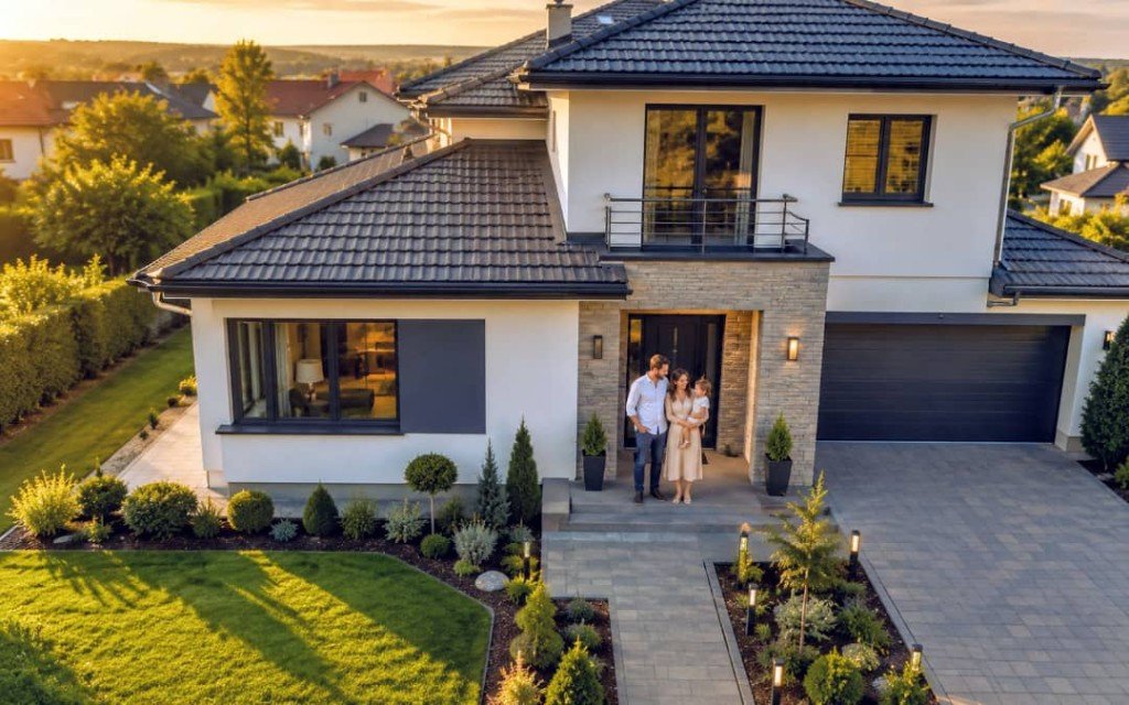Family in front of their home — life projects and mortgage financing with Get Keyup